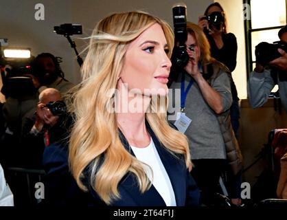 New York, United States. 05th Feb, 2020. Ivanka Trump enters the courtroom on her first day of testimony in the civil fraud trial against her father and former President Donald Trump at State Supreme Court on Wednesday November 08, 2023 in New York City. The case brought last September by New York Attorney General Letitia James, accuses Trump, his eldest sons and his family business of inflating Trump's net worth by more than $2 billion by overvaluing his real estate portfolio. Photo by Louis Lanzano/UPI Credit: UPI/Alamy Live News Stock Photo
