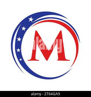 Letter M America Logo USA Flag. Patriotic American Logo Design On Letter M Template Stock Vector