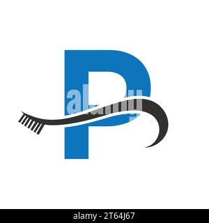 Letter P With Tooth Brush Logo Design Concept For Teeth Care Dental Logo Template Stock Vector