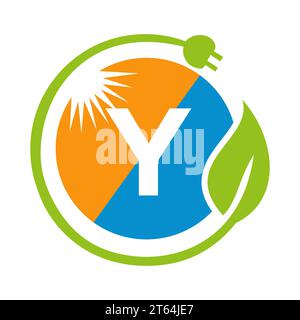 Letter Y Solar Energy Logo Design Concept with Sun, Leaf and Electric Plug Solar Panel Vector Template Stock Vector