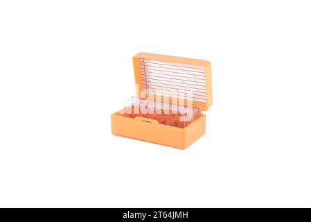 Glass microscope slide in a box, research glass microscope slide. Stock Photo