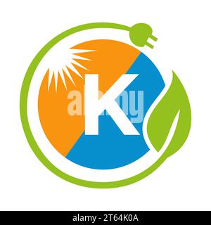 Letter K Solar Energy Logo Design Concept with Sun, Leaf and Electric Plug Solar Panel Vector Template Stock Vector