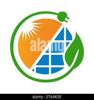 Solar Energy Logo Design Concept with Sun, Leaf and Electric Plug Solar Panel Vector Template Stock Vector