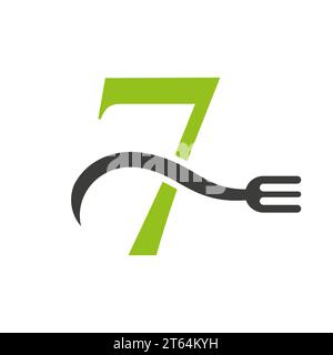 Letter 7 Restaurant Logo Concept With Fork Vector Template Stock Vector