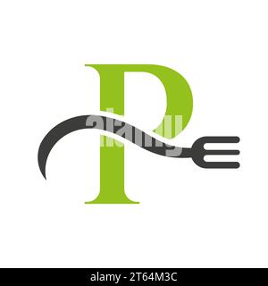 Letter P Restaurant Logo Concept With Fork Vector Template Stock Vector