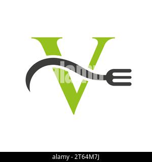 Letter V Restaurant Logo Concept With Fork Vector Template Stock Vector