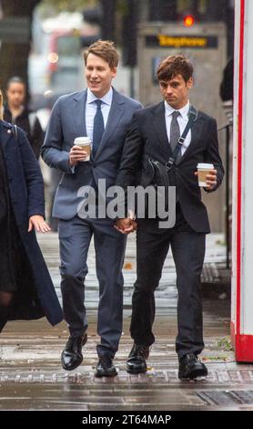 London, England, UK. 8th Nov, 2023. DUSTIN LANCE BLACK (left) arrives at Westminster Magistrates' Court, London, with his husband, Olympic champion diver TOM DALEY, where Black is accused of assaulting a woman in a London nightclub. Oscar-winning Black, who married Daley in 2017, has pleaded not guilty to assaulting Terry Edwardes by beating on August 18 last year. (Credit Image: © Tayfun Salci/ZUMA Press Wire) EDITORIAL USAGE ONLY! Not for Commercial USAGE! Stock Photo