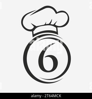 Letter 6 Restaurant Logo Template.  Restaurant Logo Concept with Chef Hat Symbol Vector Sign Stock Vector