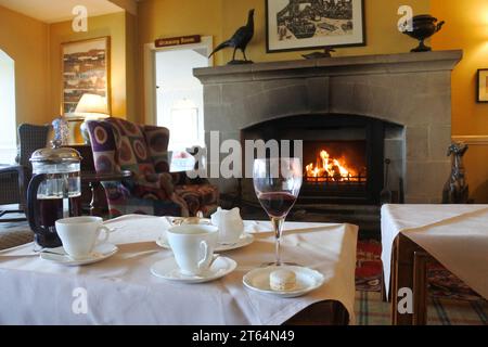 After dinner coffee in a restaurant lounge in front of a blazing fire - John Gollop Stock Photo