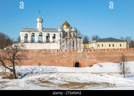 The bell tower and domes of St. Sophia Cathedral in the Kremlin of Veliky Novgorod, Russia Stock Photo