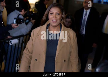 New York, United States. 08th Nov, 2023. New York State Attorney General Letitia James arrives to the courtroom in Donald Trump's civil fraud trial at State Supreme Court on Wednesday, November 8, 2023 in New York City. The case brought last September by New York Attorney General Letitia James, accuses Trump, his eldest sons and his family business of inflating Trump's net worth by more than $2 billion by overvaluing his real estate portfolio. Photo by Peter Foley/UPI Credit: UPI/Alamy Live News Stock Photo
