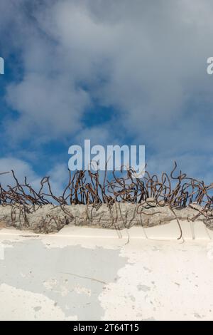 Exposed steel reinforcement on concrete wall. Stock Photo
