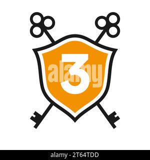 Letter 3 Real Estate Logo Design Concept with Crossed Key Sign. Key Real Estate Logotype on Shield Symbol Stock Vector