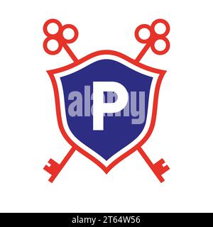 Letter P Real Estate Logo Design Concept with Crossed Key Sign. Key Real Estate Logotype on Shield Symbol Stock Vector