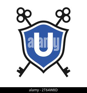 Letter U Real Estate Logo Design Concept with Crossed Key Sign. Key Real Estate Logotype on Shield Symbol Stock Vector