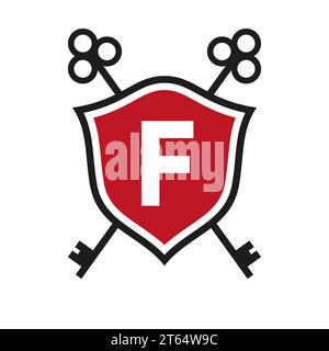 Letter F Real Estate Logo Design Concept with Crossed Key Sign. Key Real Estate Logotype on Shield Symbol Stock Vector