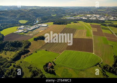 Aerial view, Eibachstraße industrial estate, Attendorn-Finnentrop airfield, Finnentrop, Sauerland, North Rhine-Westphalia, Germany, Blox Boulderhalle, Stock Photo