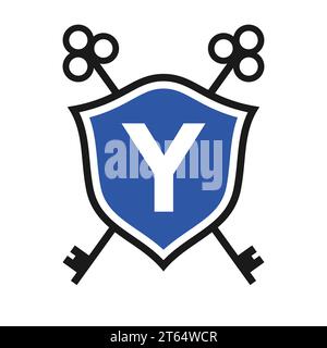 Letter Y Real Estate Logo Design Concept with Crossed Key Sign. Key Real Estate Logotype on Shield Symbol Stock Vector