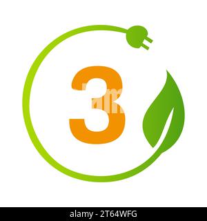 Letter 3 Green Energy Electrical Plug Logo Template. Electrical Plug Sign Concept with Eco Green Leaf Vector Sign Stock Vector