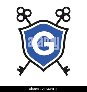Letter G Real Estate Logo Design Concept with Crossed Key Sign. Key Real Estate Logotype on Shield Symbol Stock Vector