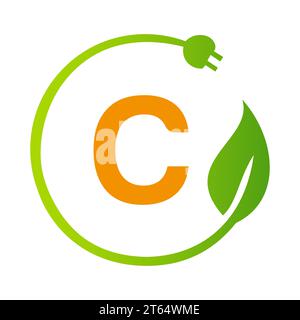 Letter C Green Energy Electrical Plug Logo Template. Electrical Plug Sign Concept with Eco Green Leaf Vector Sign Stock Vector