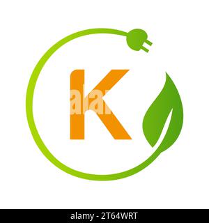 Letter K Green Energy Electrical Plug Logo Template. Electrical Plug Sign Concept with Eco Green Leaf Vector Sign Stock Vector
