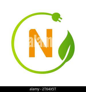 Letter N Green Energy Electrical Plug Logo Template. Electrical Plug Sign Concept with Eco Green Leaf Vector Sign Stock Vector