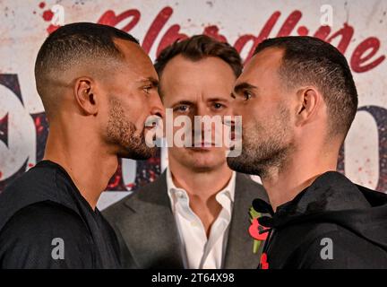 Brighton, UK. 08th Nov, 2023. Harlem Eubank (L) and Timo Schwarzkopf (R) during the press conference preceeding their Super Lightweight class fight being held to be held at the Brighton Centre on Friday 10 November 2023 in London, East Sussex. Credit: LFP/Alamy Live News Stock Photo