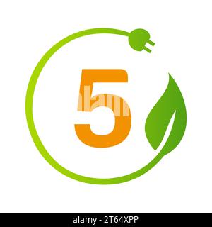 Letter 5 Green Energy Electrical Plug Logo Template. Electrical Plug Sign Concept with Eco Green Leaf Vector Sign Stock Vector