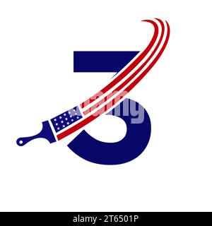 Letter 3 American Paint Logo Concept with Paint Brush Vector Template Stock Vector