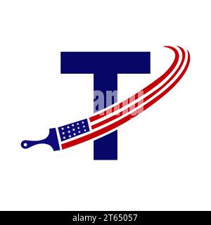 Letter T American Paint Logo Concept with Paint Brush Vector Template Stock Vector