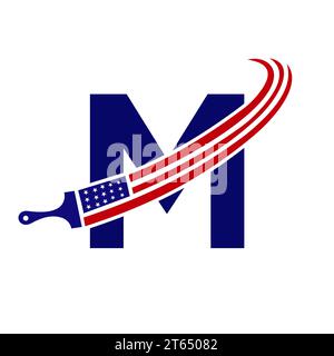 Letter M American Paint Logo Concept with Paint Brush Vector Template Stock Vector