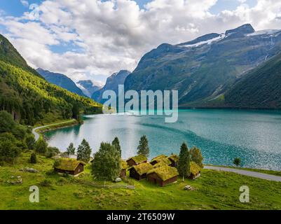 Traditional cabins on the shores of Lake Lovatnet, Breng seter, Loen, Stryn, Norway Stock Photo