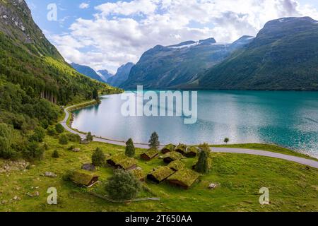 Traditional cabins on the shores of Lake Lovatnet, Breng seter, Loen, Stryn, Norway Stock Photo