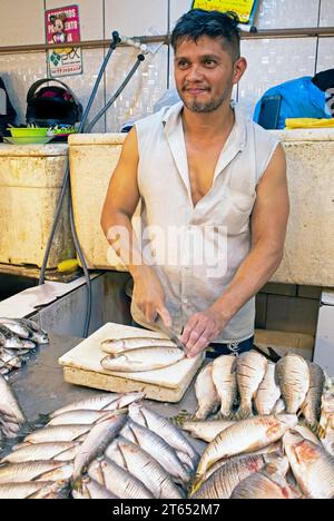 Brazilian man selling fish at Adolpho Lisboa Municipal Market, Manaus, Amazonas State, Brazil Stock Photo