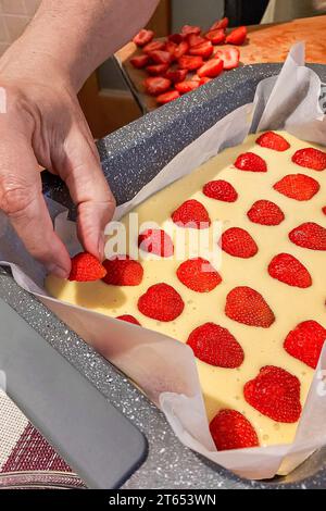 A chef prepares a strawberry pie. Hands with strawberries Stock Photo