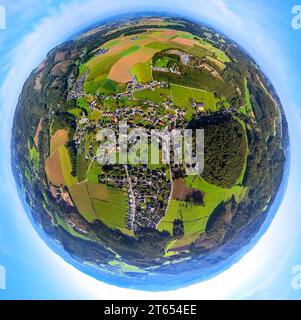 Aerial view, view of Beckum district, globe, fisheye image, 360 degree image, tiny world, Eisborn, Balve, Sauerland, North Rhine-Westphalia, Germany, Stock Photo