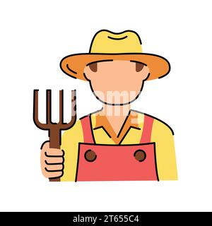 Man with a pitchfork color line icon. Composting. Vector isolated element. Editable stroke. Stock Vector