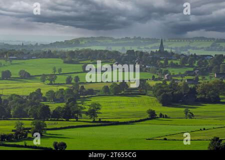 View over village Aubel and countryside with fields from Henri-Chapelle American Cemetery, Henri-Chapelle, Liège, Belgian Ardennes, Wallonia, Belgium Stock Photo