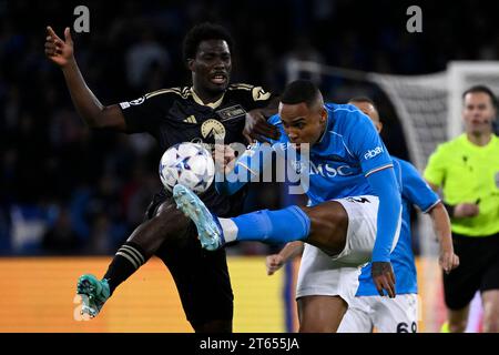 Naples, Italy. 08th Nov, 2023. David Datro Fofana of FC Union Berlin and Natan Bernardo de Souza of SSC Napoli during the Champions League Group C football match between SSC Napoli and FC Union Berlin at Diego Armando Maradona stadium in Naples (Italy), November 8th, 2023. Credit: Insidefoto di andrea staccioli/Alamy Live News Stock Photo