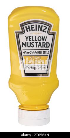 Galicia, Spain; november 08, 2023: Heinz yellow mustard bottle isolated on white background Stock Photo