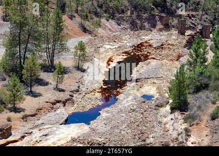 Landscape with the Tinto (red) river taht flows through pine forest and originates in the Riotinto mines. Huelva, Andalucia, Spain. Stock Photo