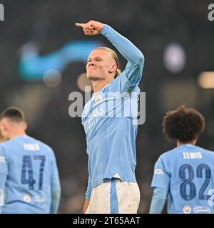 Manchester, UK. 7th November, 2023. Erling Håland #9 of Manchester City celebrates his second goal and third for City, during the UEFA Champions League, Match Day Four Group G match at the The City of Manchester Stadium/Etihad Stadium, Manchester, England. (Credit Image: ©Cody Froggatt/Alamy Live News) Stock Photo