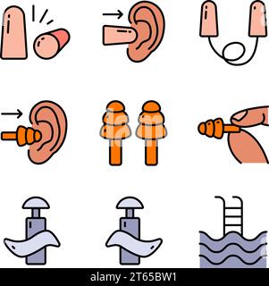 Earplugs icons set color vector. Anti-noise device. Earplugs protection. Vector Simple Illustration. Stock Vector