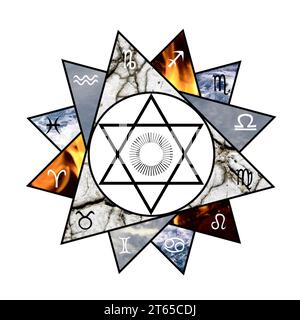 Zodiac symbols with their base element arranged in a star shape and  symbol of the sun inside Stock Photo