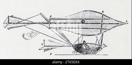 Schémas d'un planeur de cayley avec pilote baptisé parachute dirigeable.1852 Stock Photo