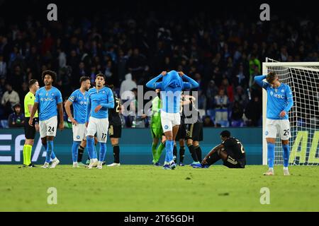 Naples, Italy. 08th Nov, 2023. Napoli players dejection at the end of the Champions League Group C football match between SSC Napoli and FC Union Berlin at Diego Armando Maradona stadium in Naples (Italy), November 8th, 2023. Credit: Insidefoto di andrea staccioli/Alamy Live News Stock Photo