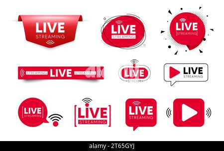 Live streaming icons. Red buttons of broadcasting, live online stream. Template for live tv shows. Vector Stock Vector