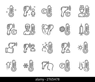Temperature line icons. Thermometer, Check body temperature, Fever diagnostic. Coronavirus control. Vector Stock Vector