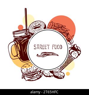 Burger, fries, donut, ice cream, juice, nuggets. Vector illustration of a sign for a street food festival. Menu of cafes, restaurants, bars. Stock Vector